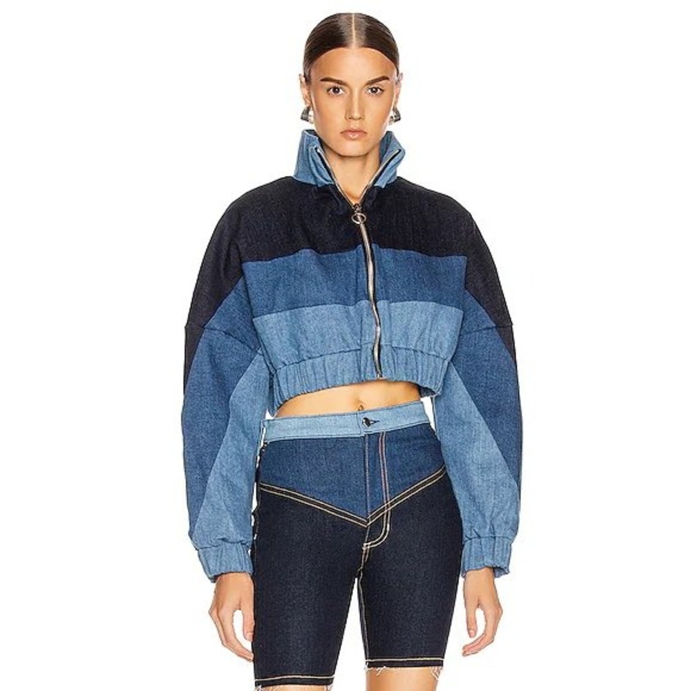 Unbranded Women NA Colorblock‎ Denim Cropped Bomber Jacket Blue Black Mock Neck